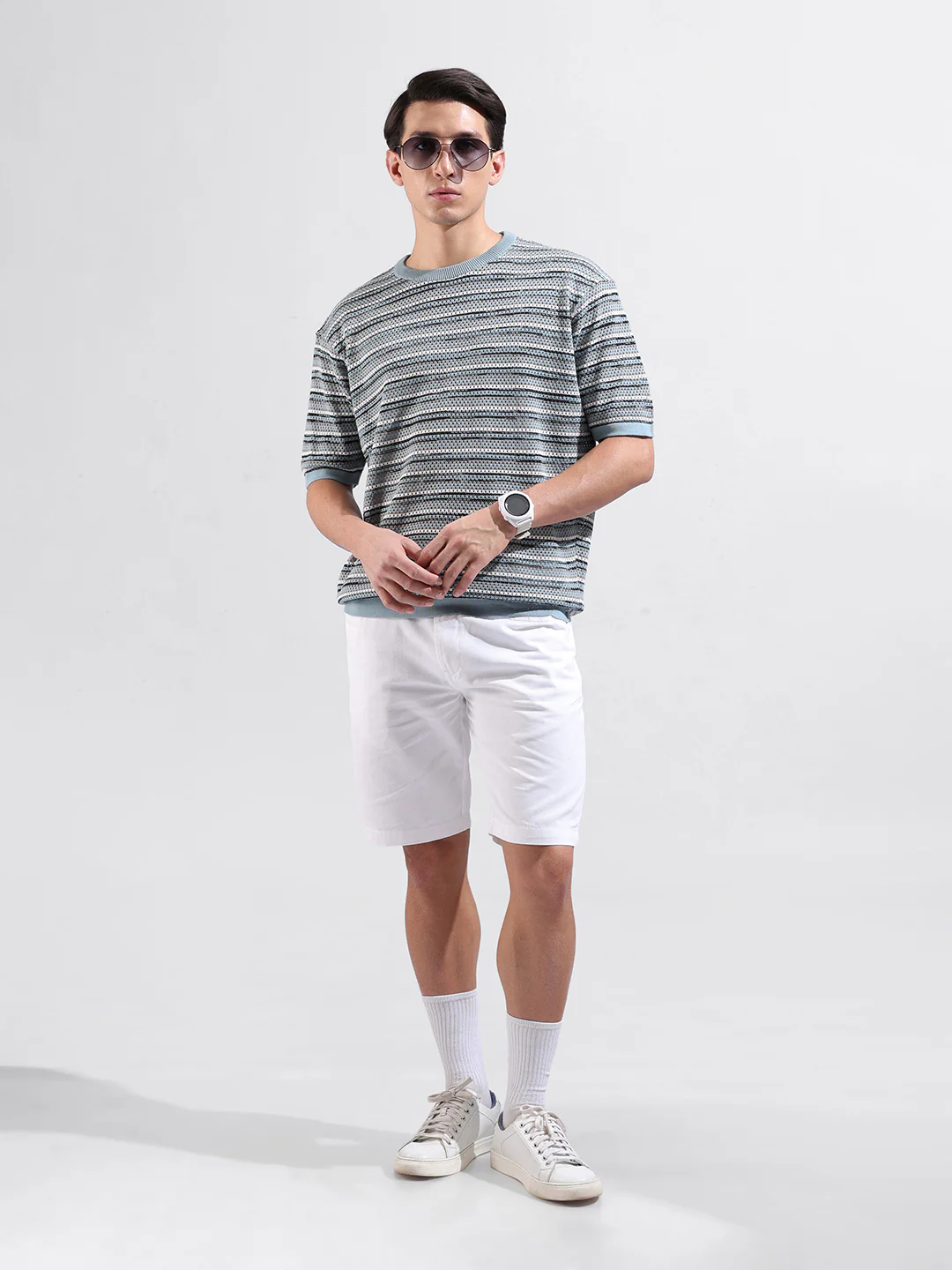 Men's Blue Oversized Fit Striped Flat Knit Crew Neck T-Shirt - Image 4