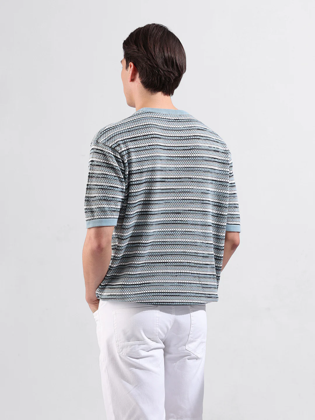 Men's Blue Oversized Fit Striped Flat Knit Crew Neck T-Shirt - Image 5