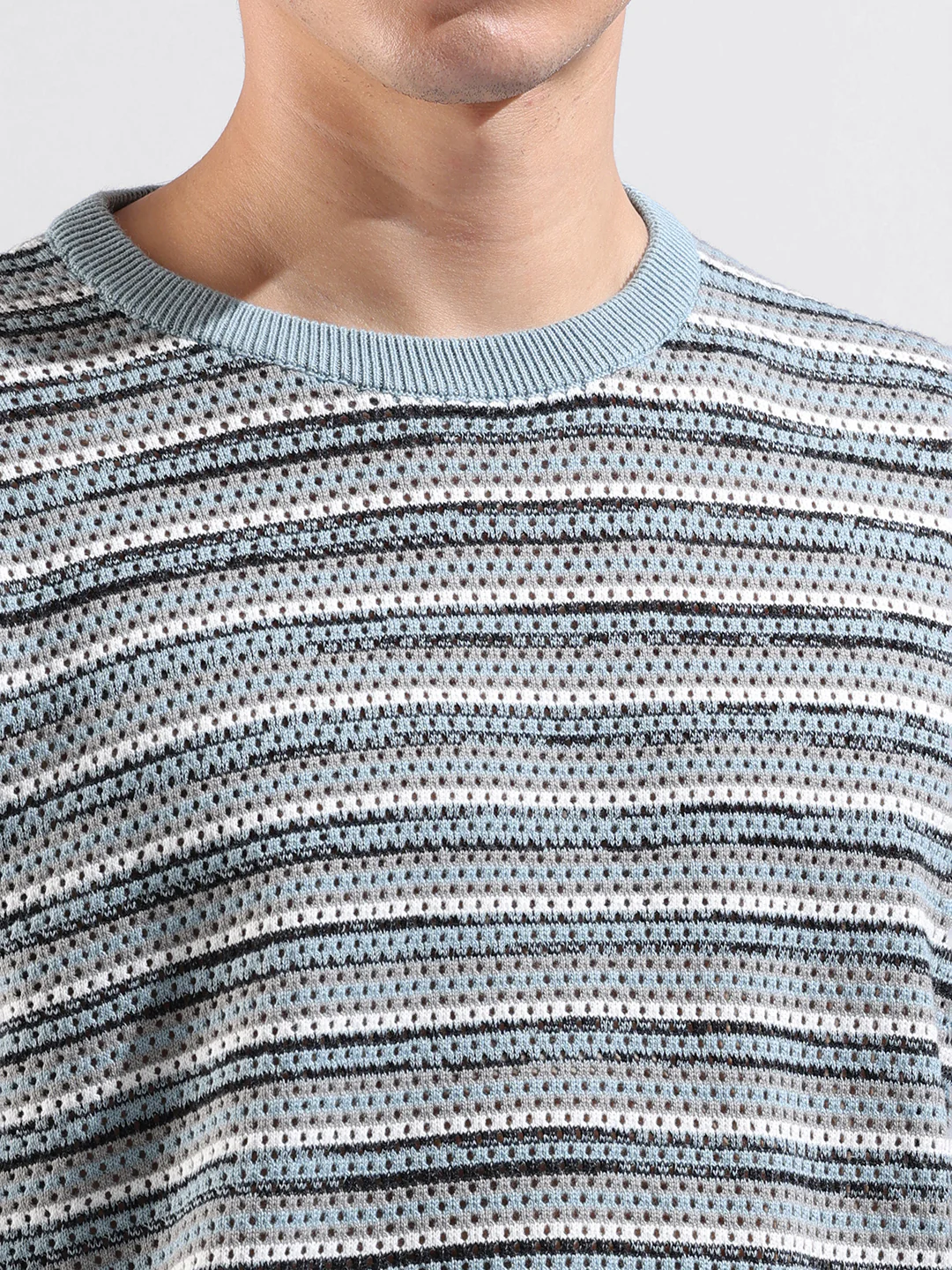 Men's Blue Oversized Fit Striped Flat Knit Crew Neck T-Shirt - Image 6