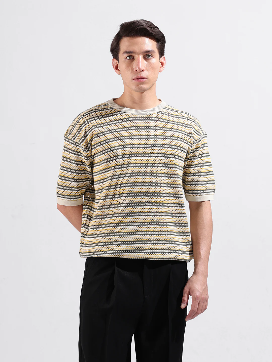 Men's Cream Oversized Fit Striped Flat Knit T-Shirt - Image 2