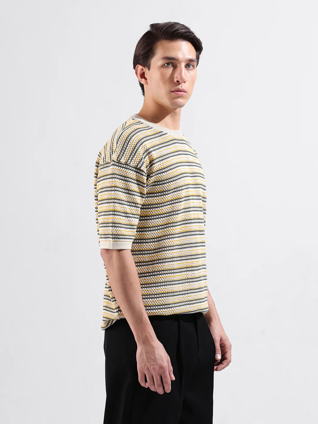 Men's Cream Oversized Fit Striped Flat Knit T-Shirt - Image 3