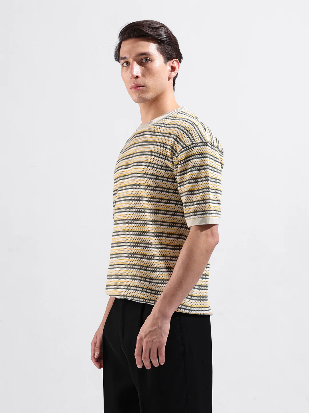 Men's Cream Oversized Fit Striped Flat Knit T-Shirt - Image 4