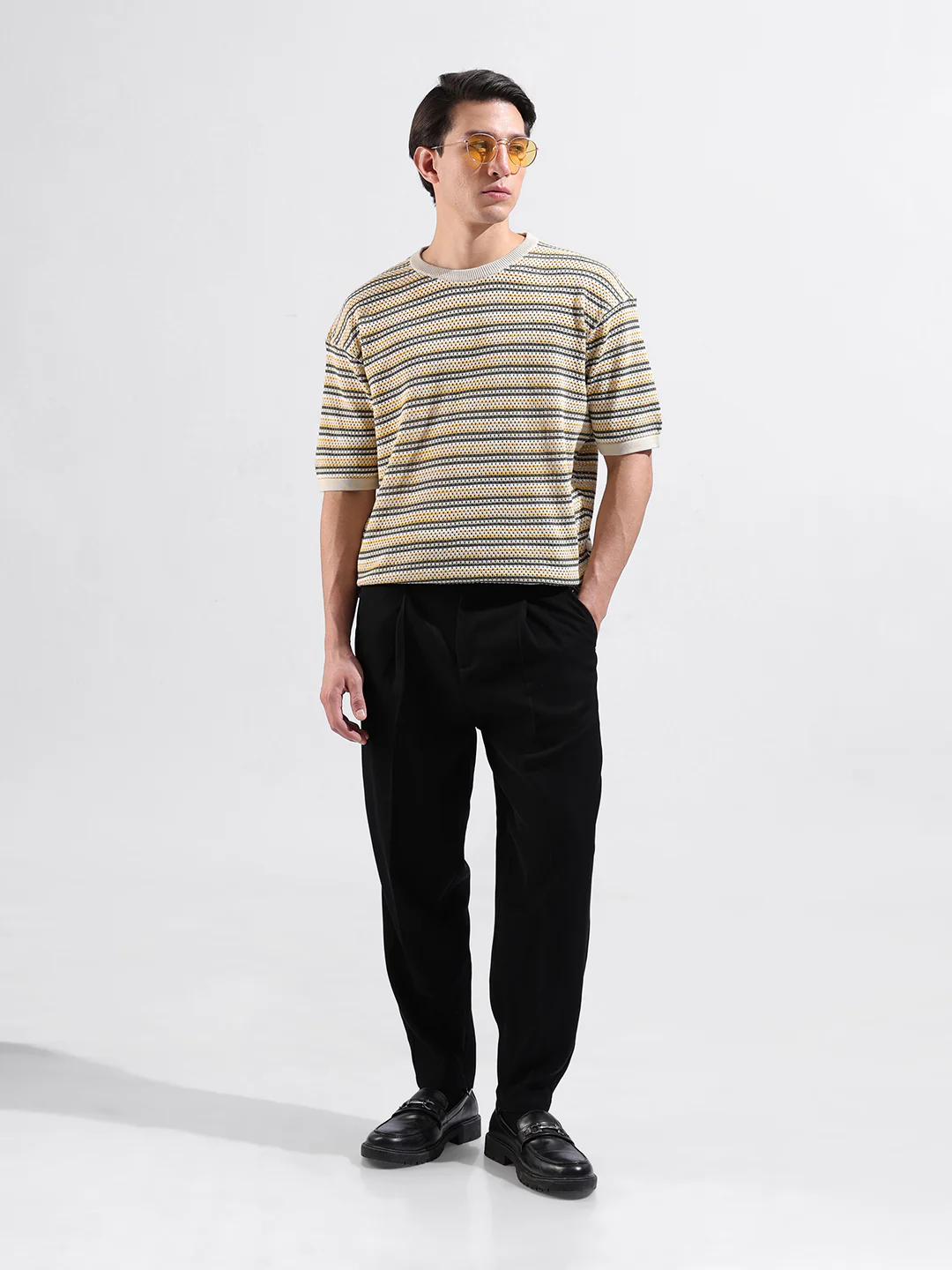 Men's Cream Oversized Fit Striped Flat Knit T-Shirt - Image 5