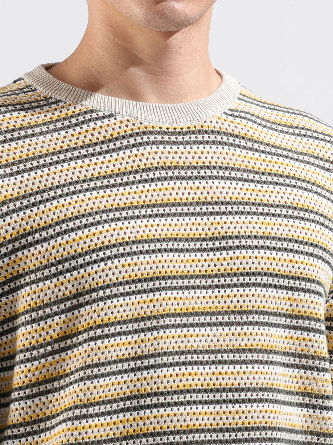 Men's Cream Oversized Fit Striped Flat Knit T-Shirt - Image 6
