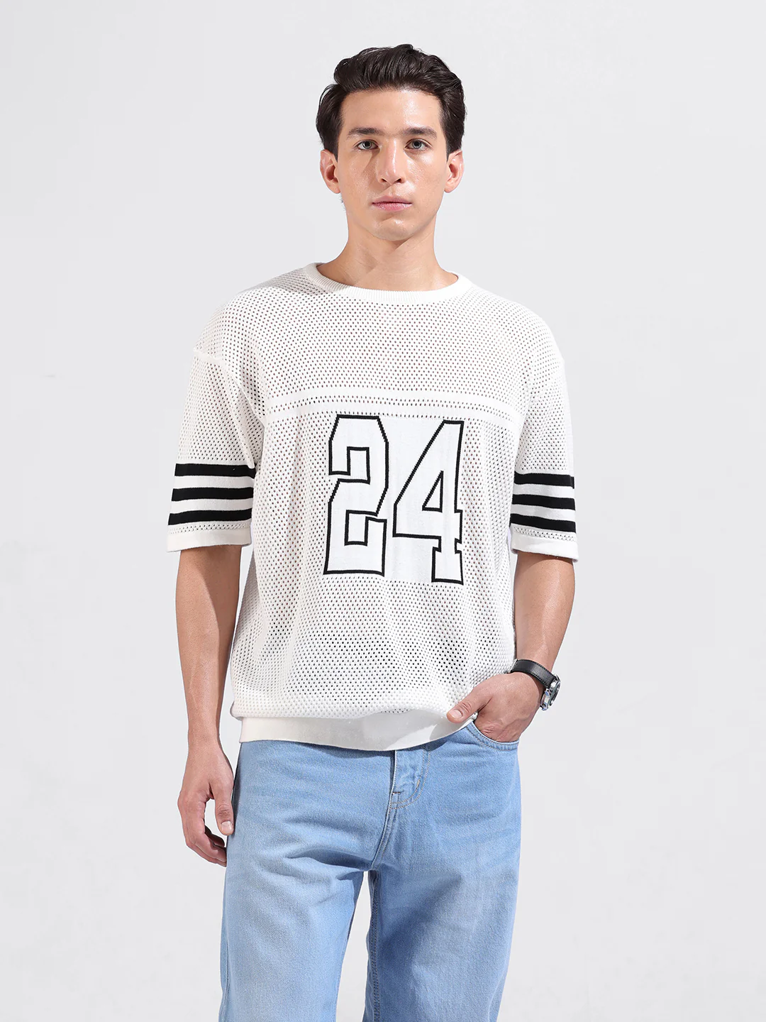 Men's White Oversized Fit Printed Flat Knit Crew Neck T-Shirt - Image 2