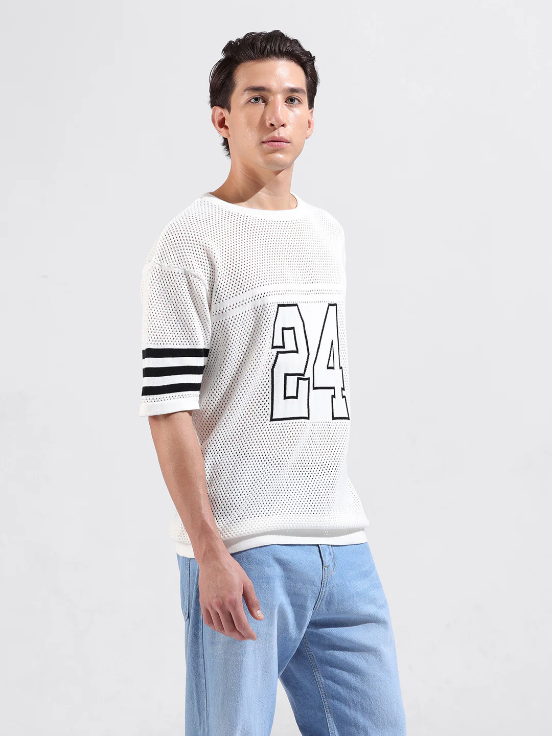 Men's White Oversized Fit Printed Flat Knit Crew Neck T-Shirt - Image 3