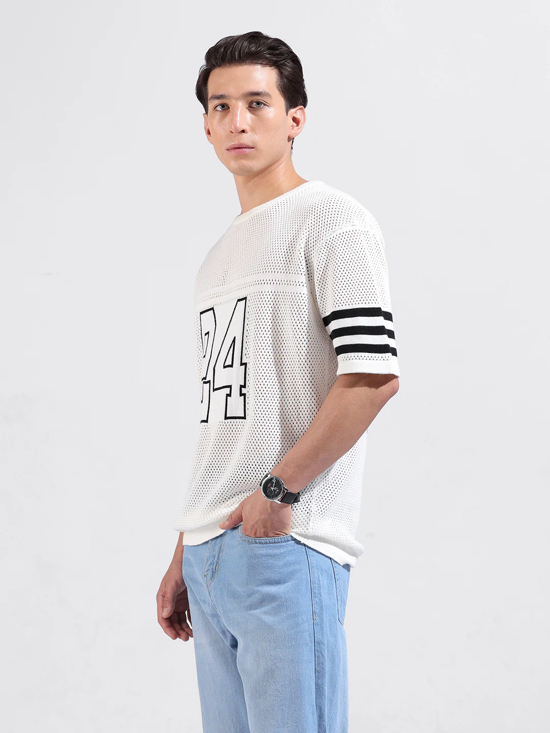 Men's White Oversized Fit Printed Flat Knit Crew Neck T-Shirt - Image 4