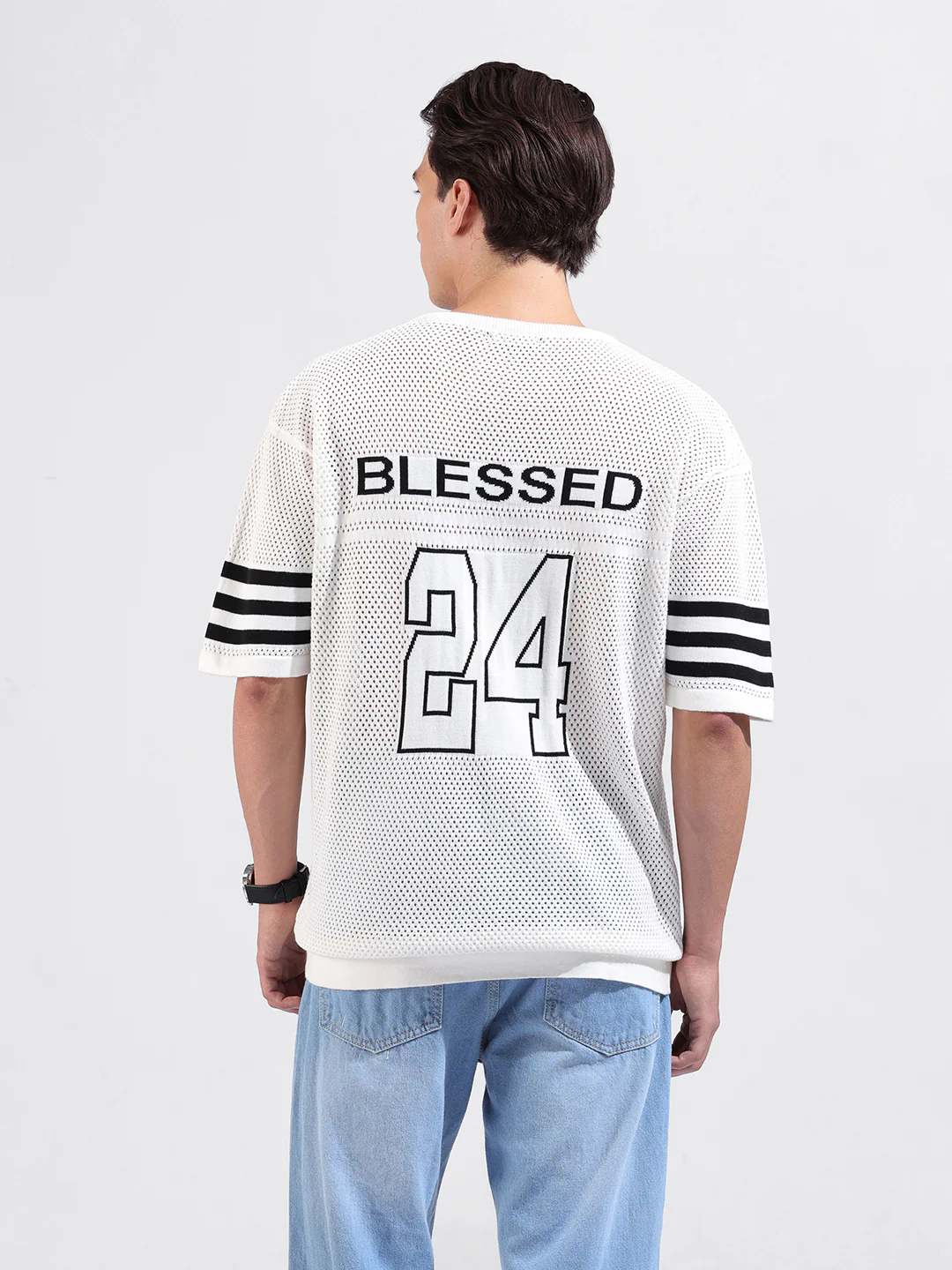 Men's White Oversized Fit Printed Flat Knit Crew Neck T-Shirt - Image 5
