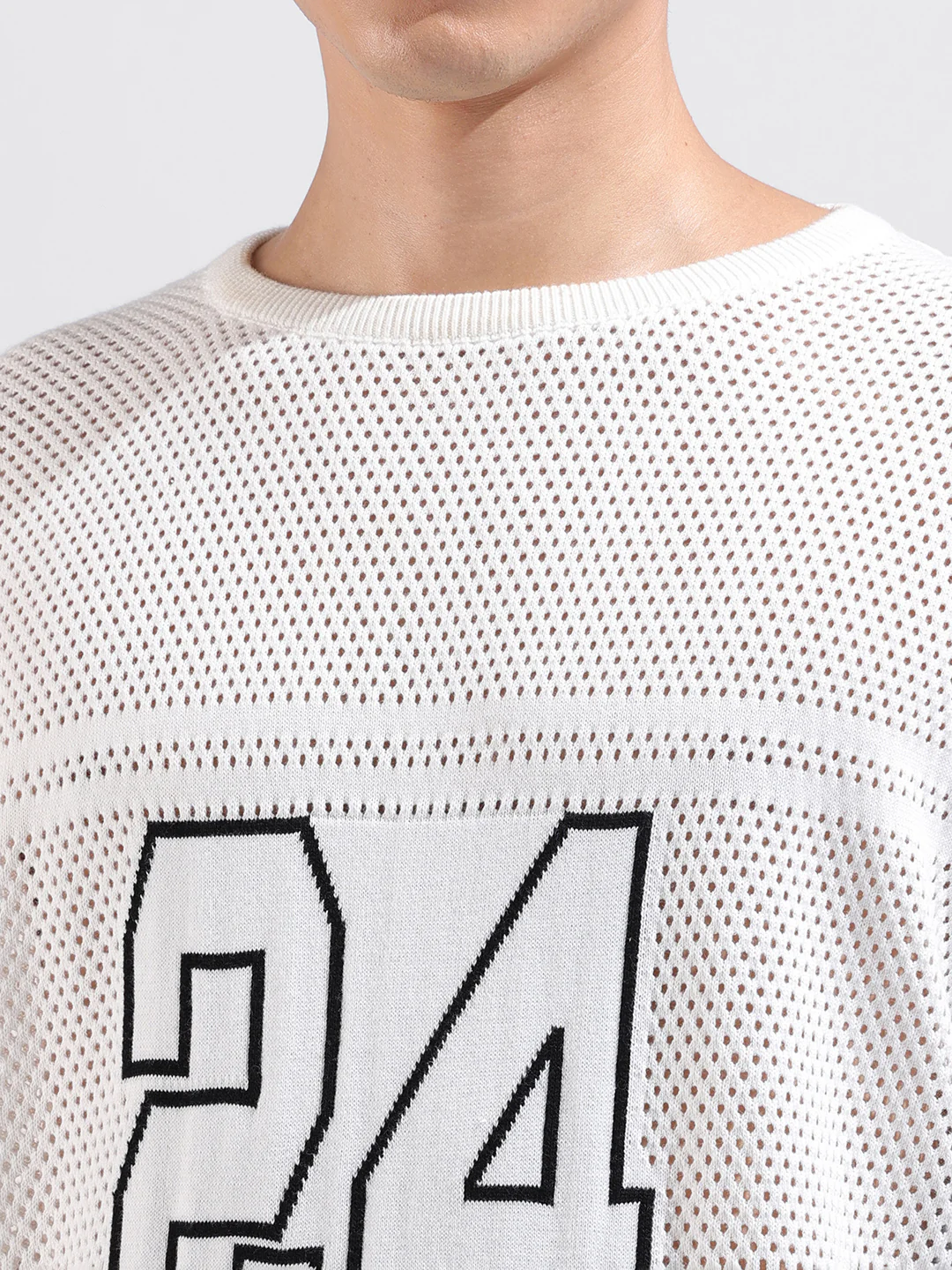 Men's White Oversized Fit Printed Flat Knit Crew Neck T-Shirt - Image 6