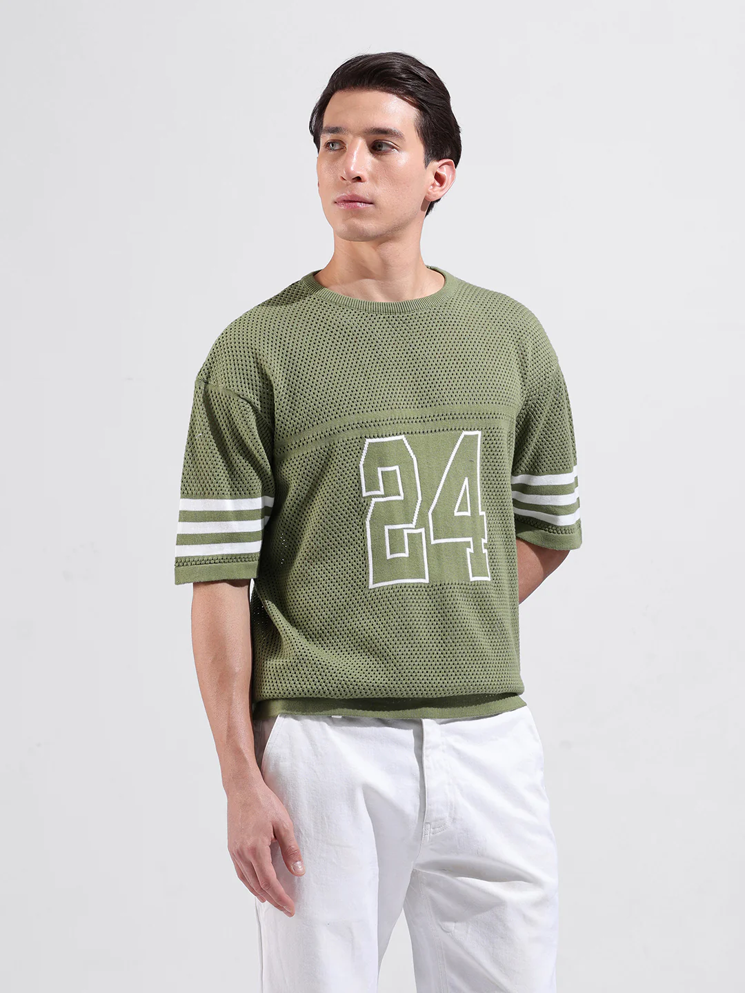Men's Green Oversized Fit Printed Flat Knit Crew Neck T-Shirt - Image 2