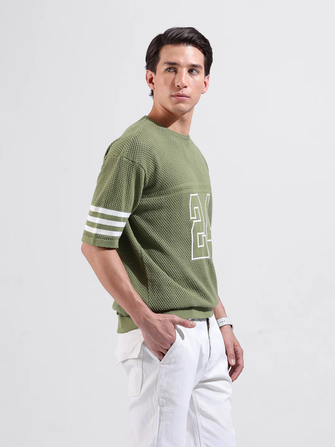 Men's Green Oversized Fit Printed Flat Knit Crew Neck T-Shirt - Image 3