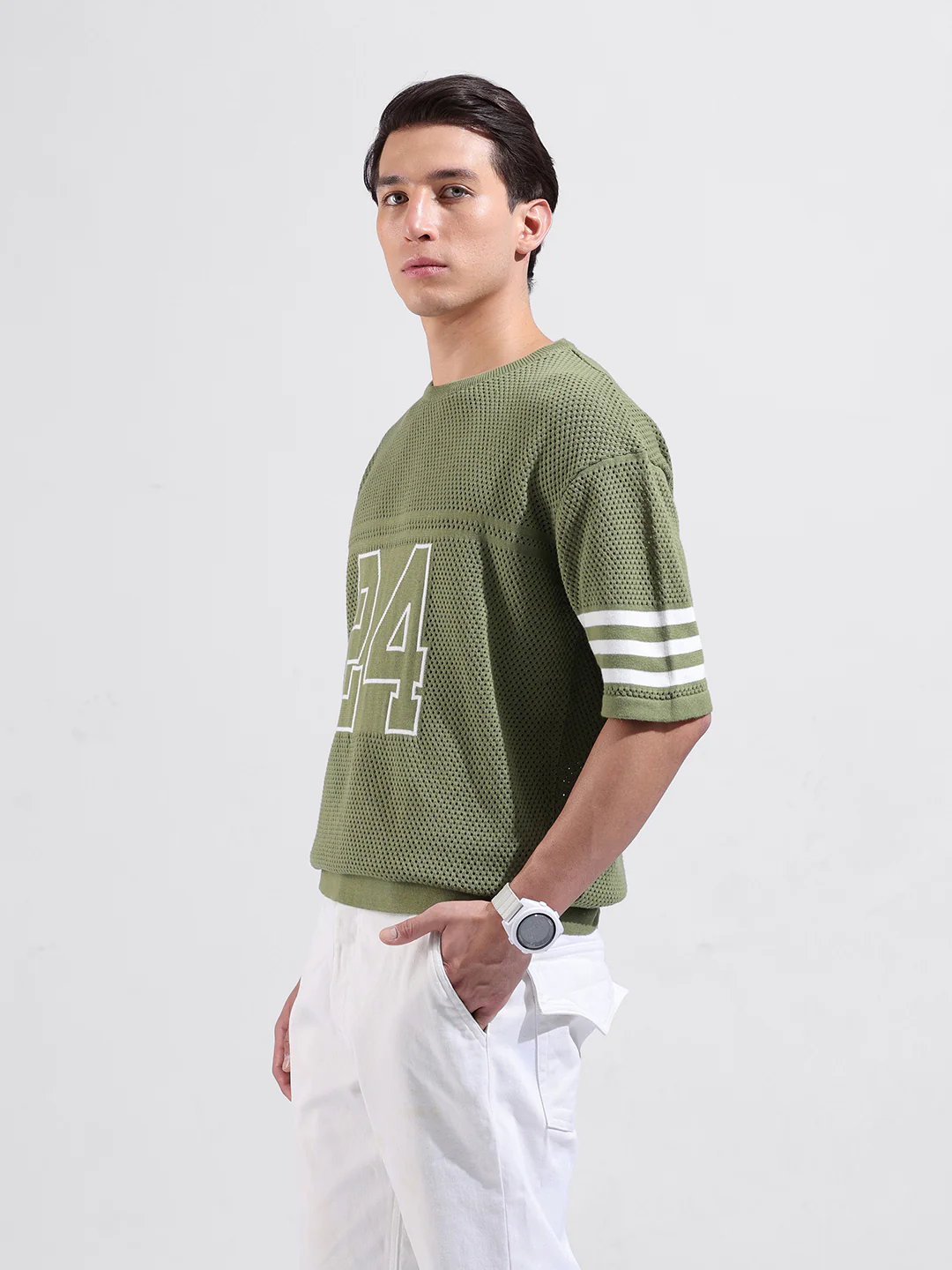 Men's Green Oversized Fit Printed Flat Knit Crew Neck T-Shirt - Image 4