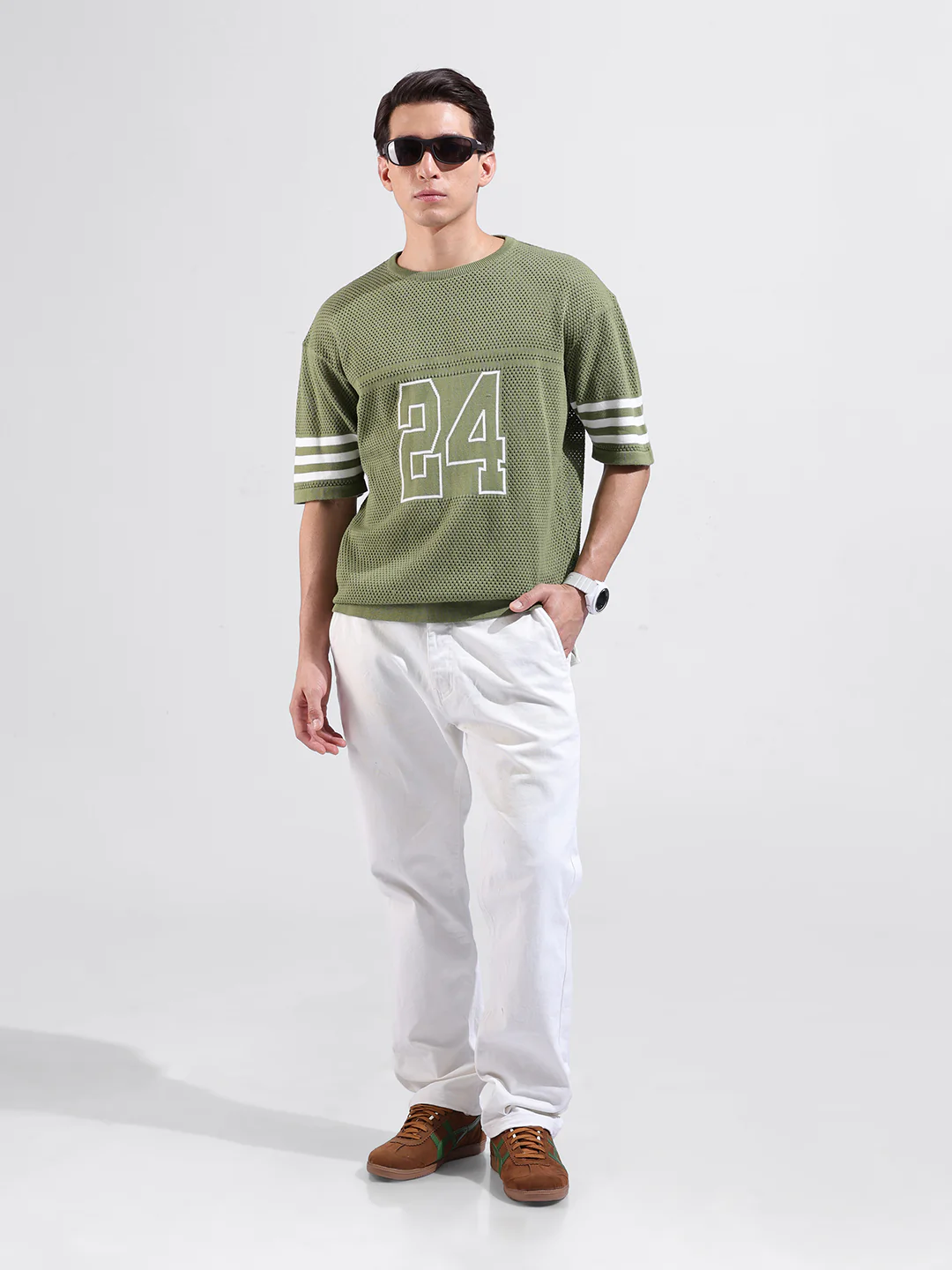 Men's Green Oversized Fit Printed Flat Knit Crew Neck T-Shirt - Image 5