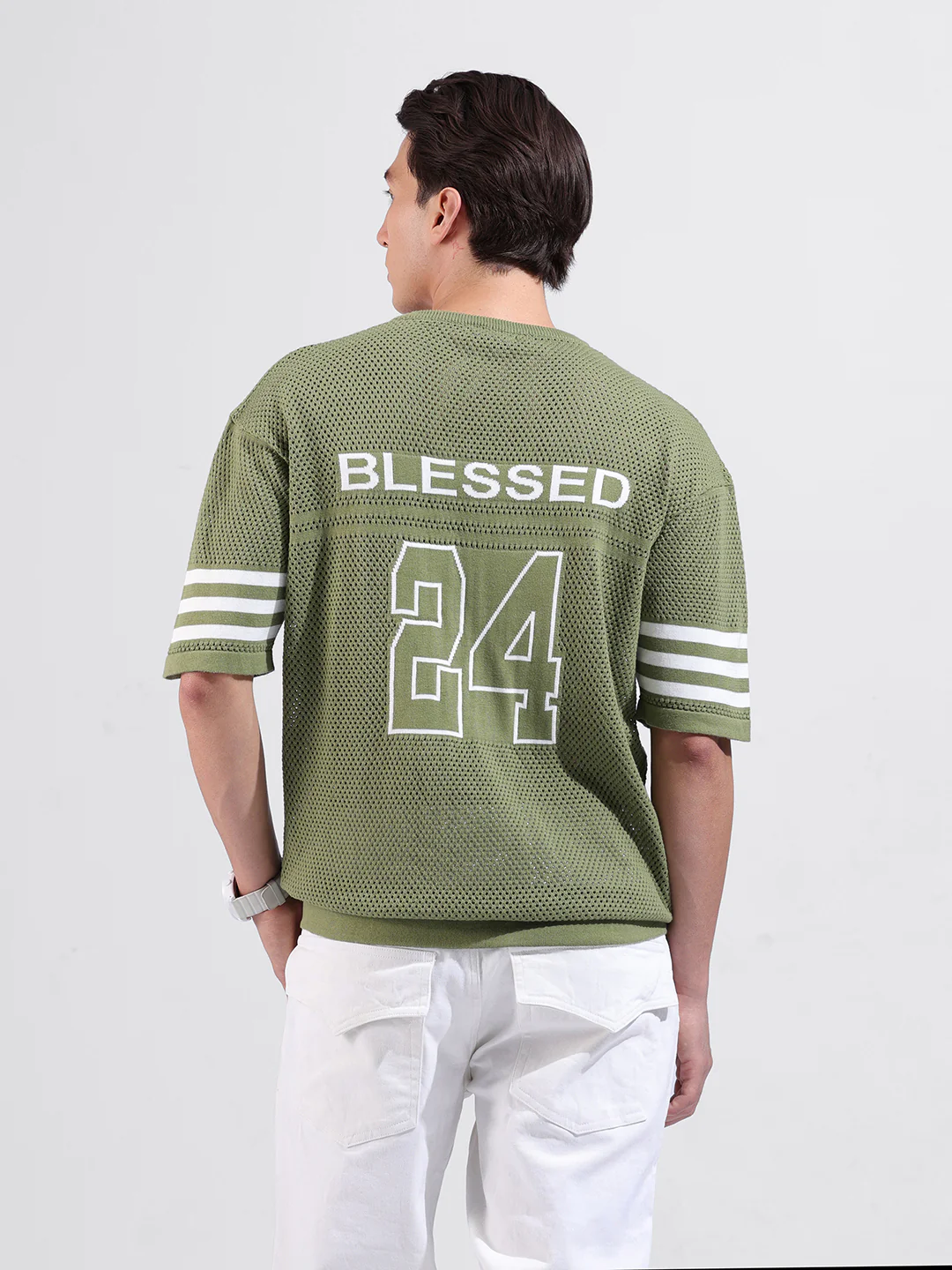 Men's Green Oversized Fit Printed Flat Knit Crew Neck T-Shirt - Image 6