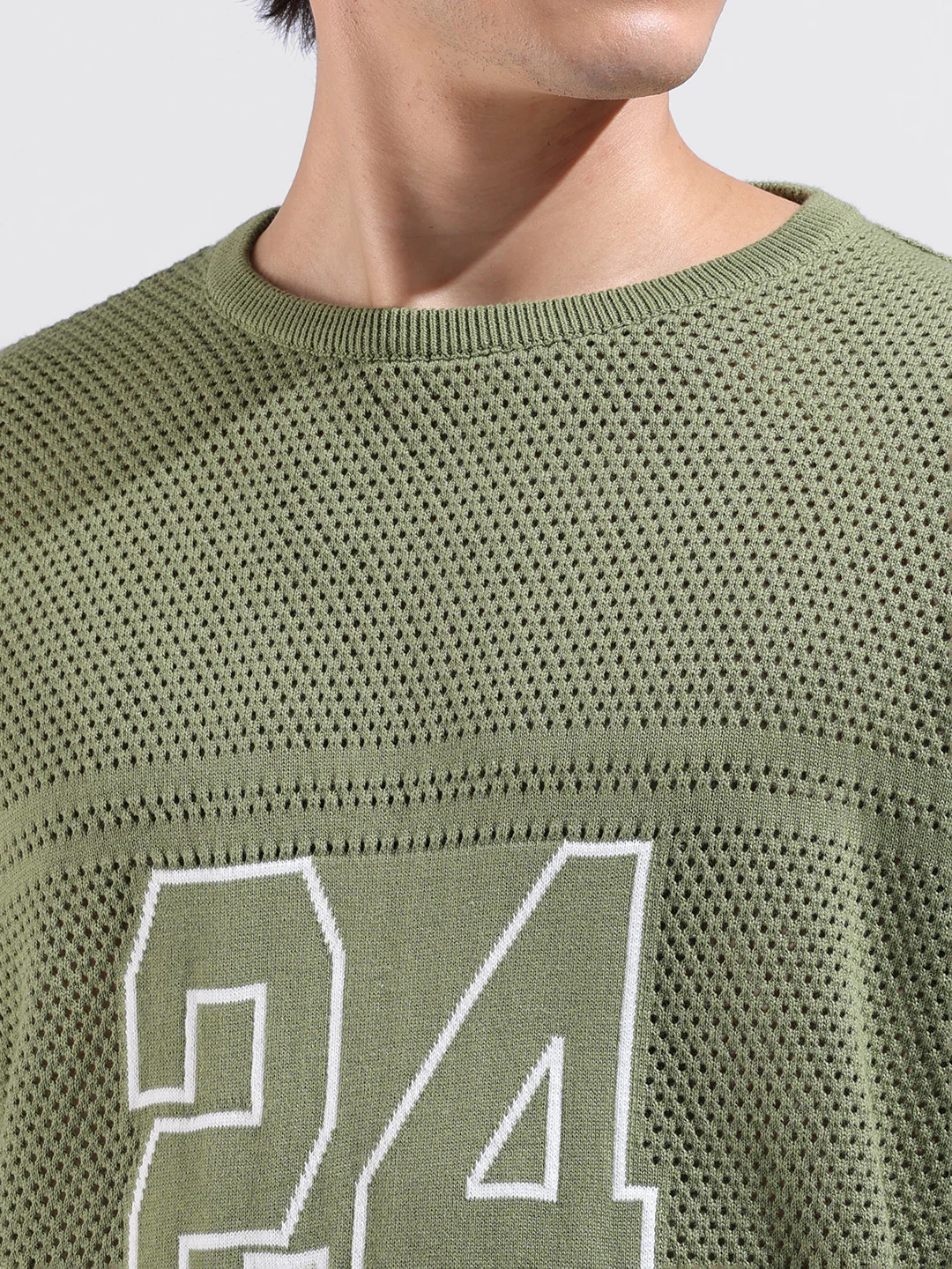 Men's Green Oversized Fit Printed Flat Knit Crew Neck T-Shirt - Image 7