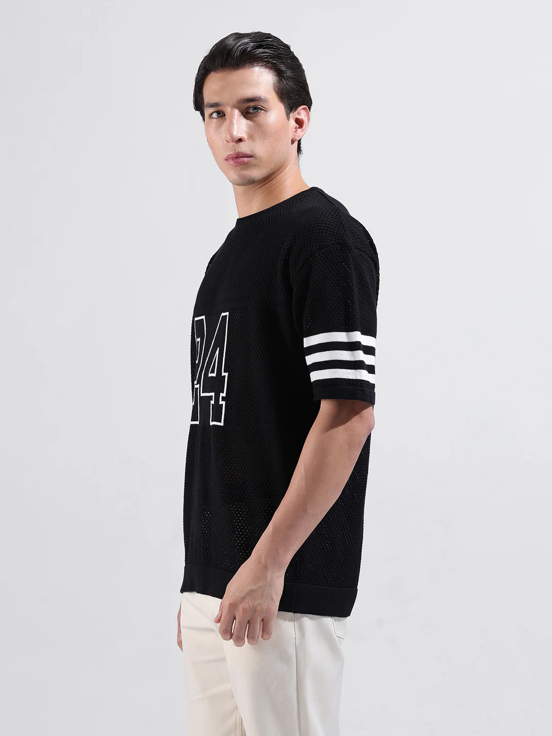 Men's Black Oversized Fit Printed Flat Knit T-Shirt - Image 2