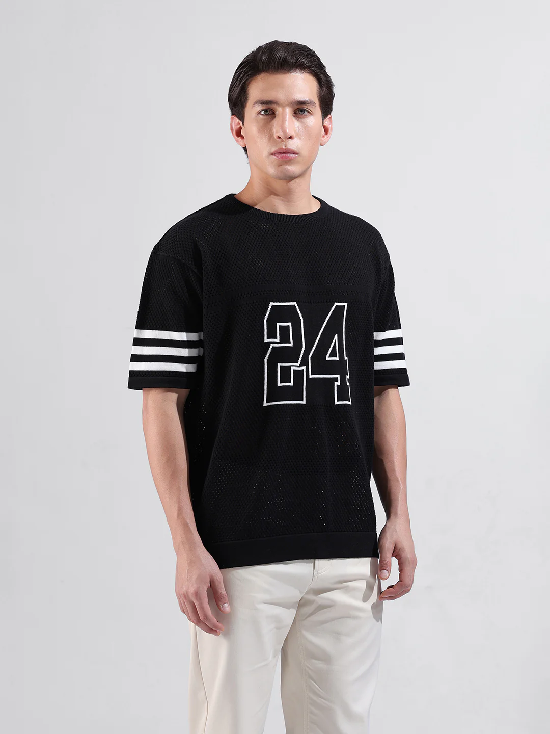 Men's Black Oversized Fit Printed Flat Knit T-Shirt - Image 3