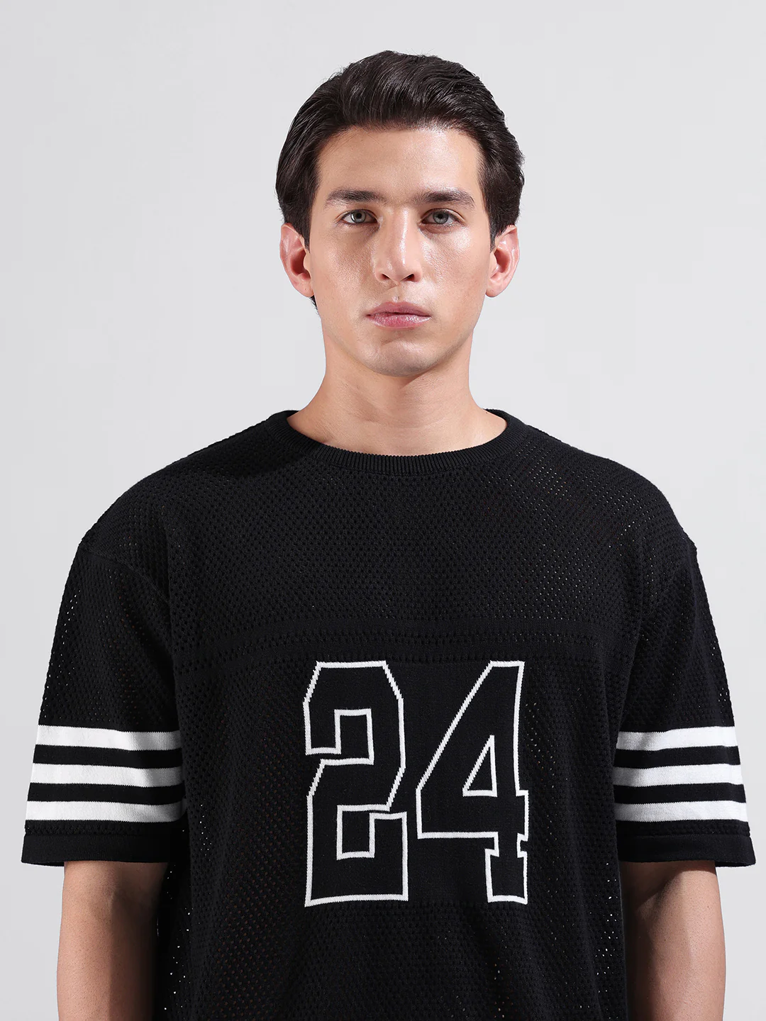 Men's Black Oversized Fit Printed Flat Knit T-Shirt - Image 4
