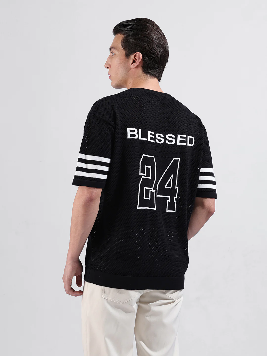 Men's Black Oversized Fit Printed Flat Knit T-Shirt - Image 6