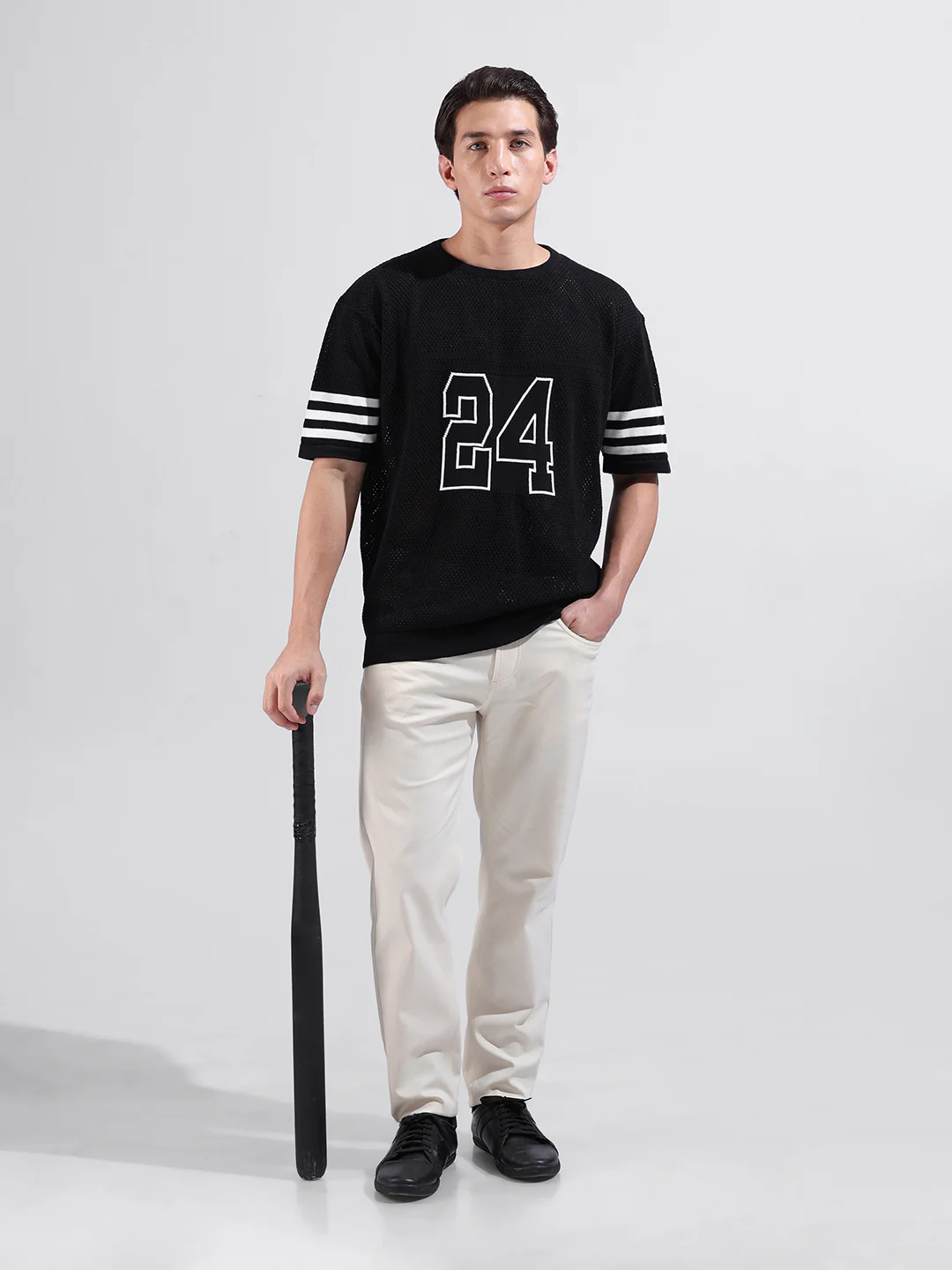 Men's Black Oversized Fit Printed Flat Knit T-Shirt - Image 7