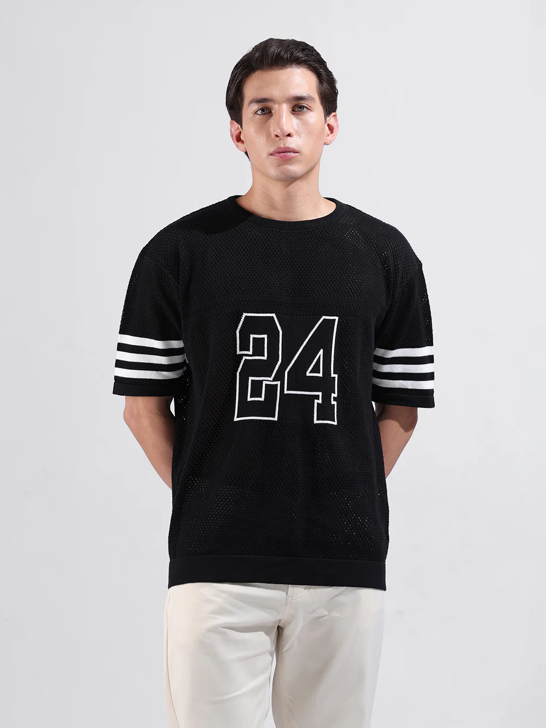 Men's Black Oversized Fit Printed Flat Knit T-Shirt - Image 8