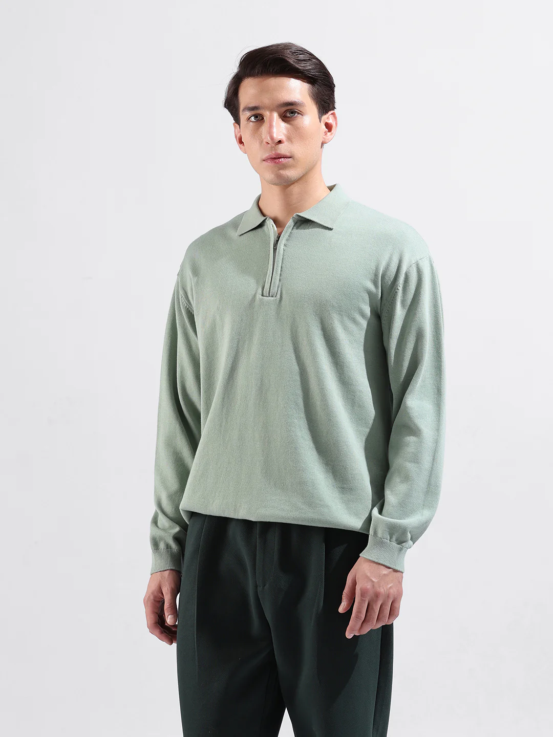 Men's Green Oversized Fit Solid Flat Knit T-Shirt - Image 2