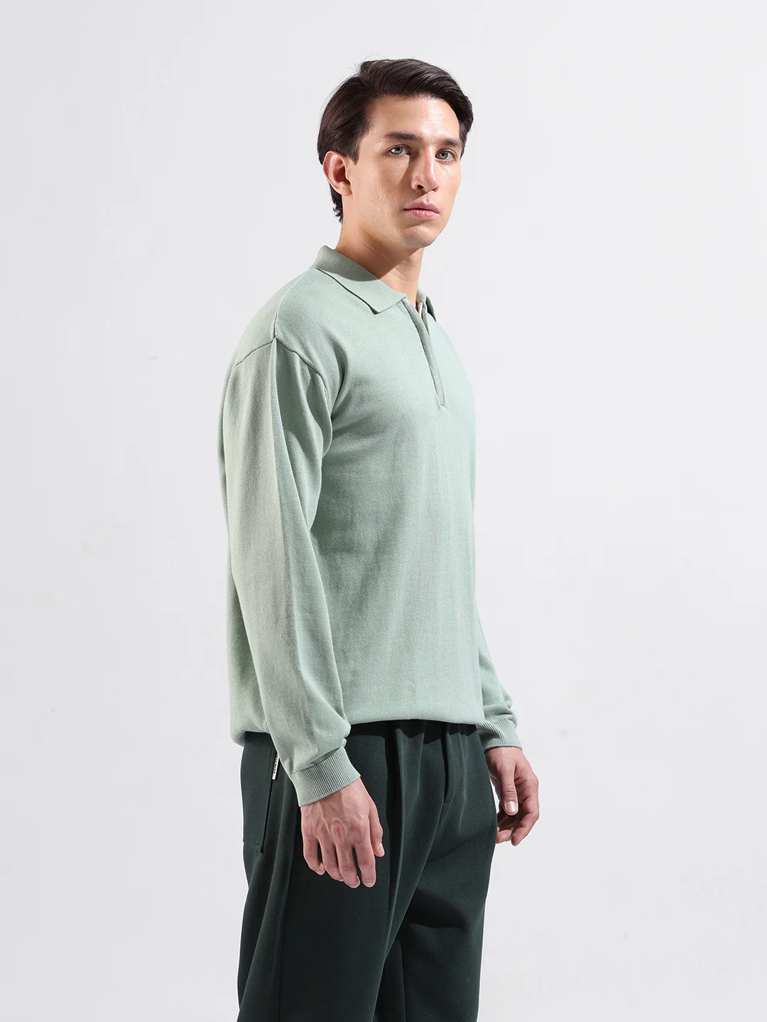 Men's Green Oversized Fit Solid Flat Knit T-Shirt - Image 3