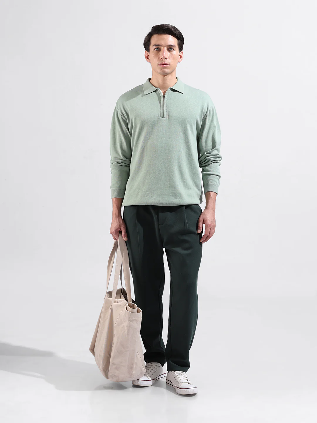 Men's Green Oversized Fit Solid Flat Knit T-Shirt - Image 5