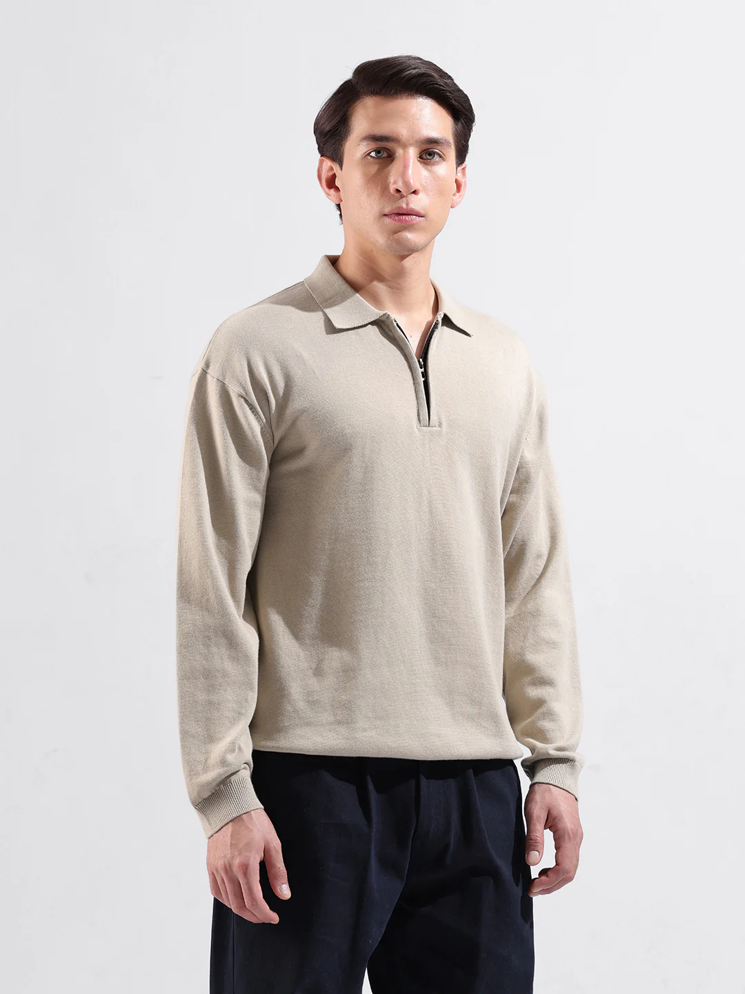 Men's Beige Oversized Fit Solid Flat Knit T-Shirt - Image 2