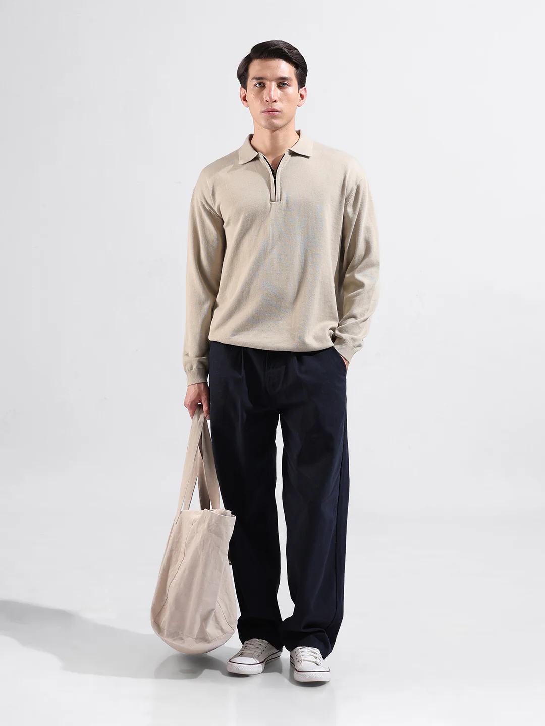 Men's Beige Oversized Fit Solid Flat Knit T-Shirt - Image 4