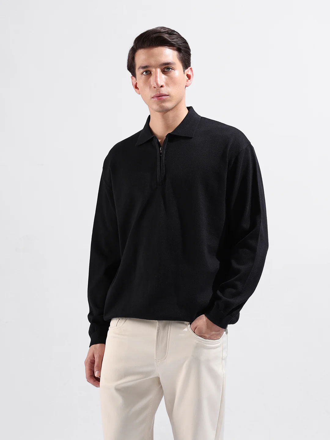 Men's Black Oversized Fit Solid Flat Knit T-Shirt - Image 2