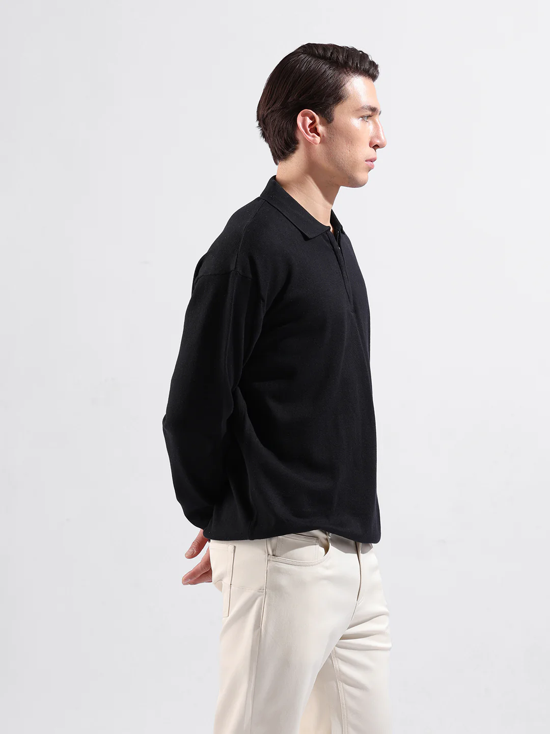 Men's Black Oversized Fit Solid Flat Knit T-Shirt - Image 3