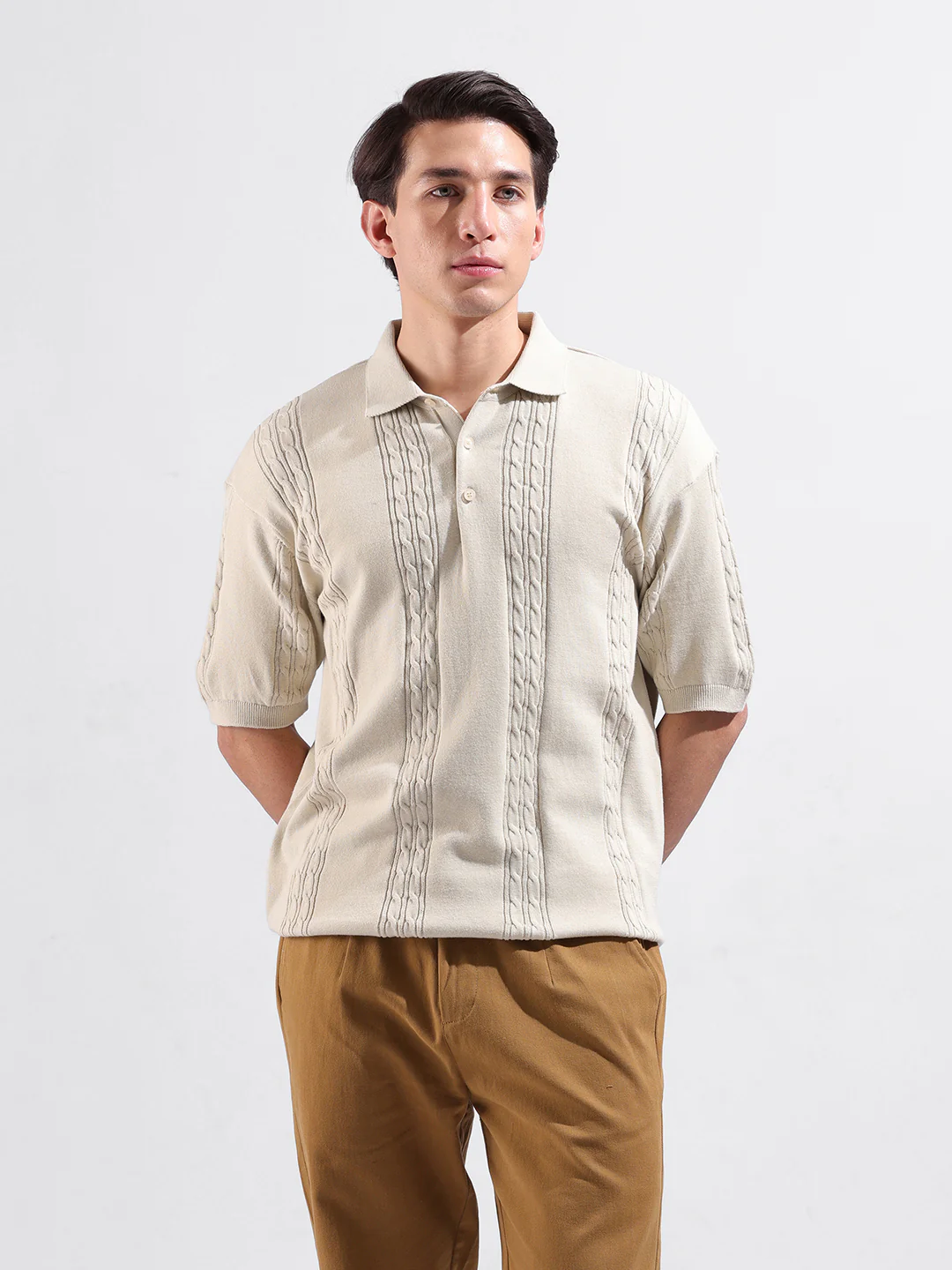 Men's Cream Oversized Fit Solid Flat Knit T-Shirt - Image 2