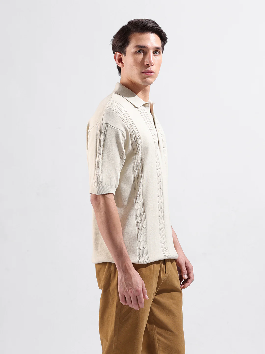 Men's Cream Oversized Fit Solid Flat Knit T-Shirt - Image 3