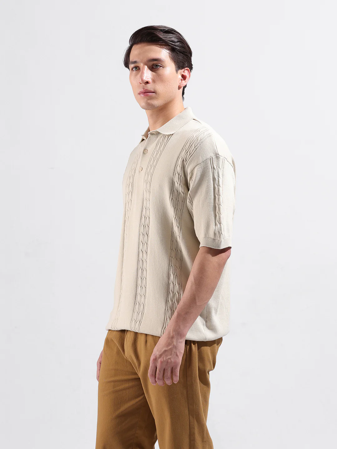 Men's Cream Oversized Fit Solid Flat Knit T-Shirt - Image 4