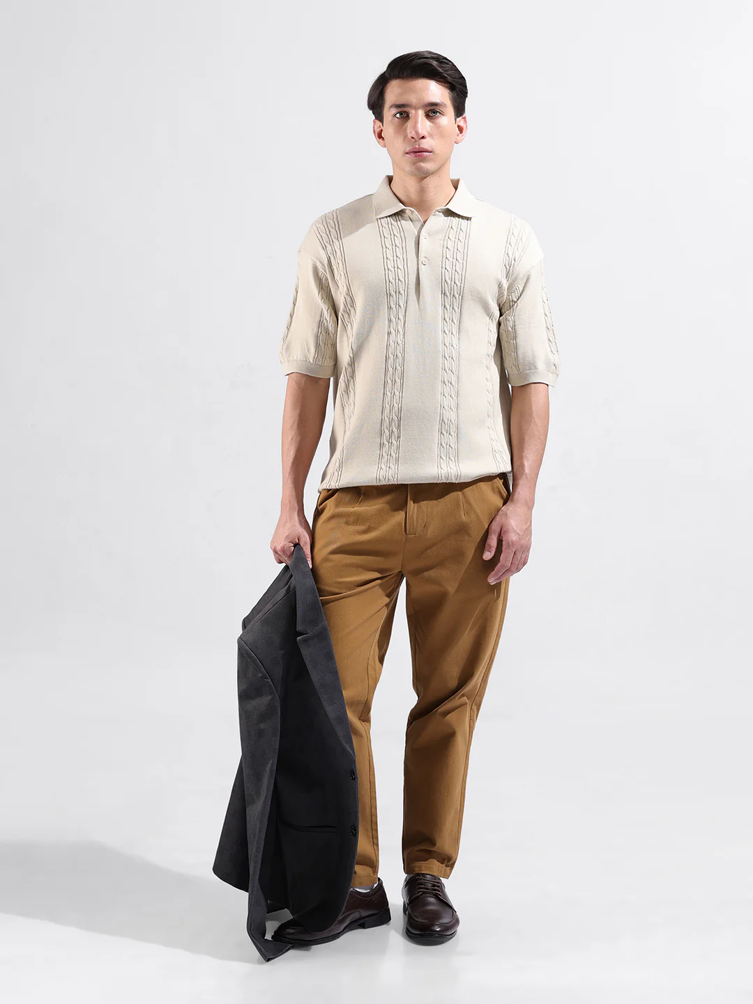 Men's Cream Oversized Fit Solid Flat Knit T-Shirt - Image 5