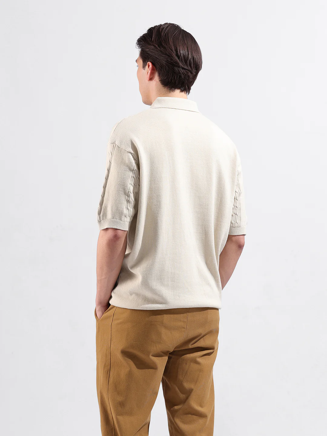 Men's Cream Oversized Fit Solid Flat Knit T-Shirt - Image 6