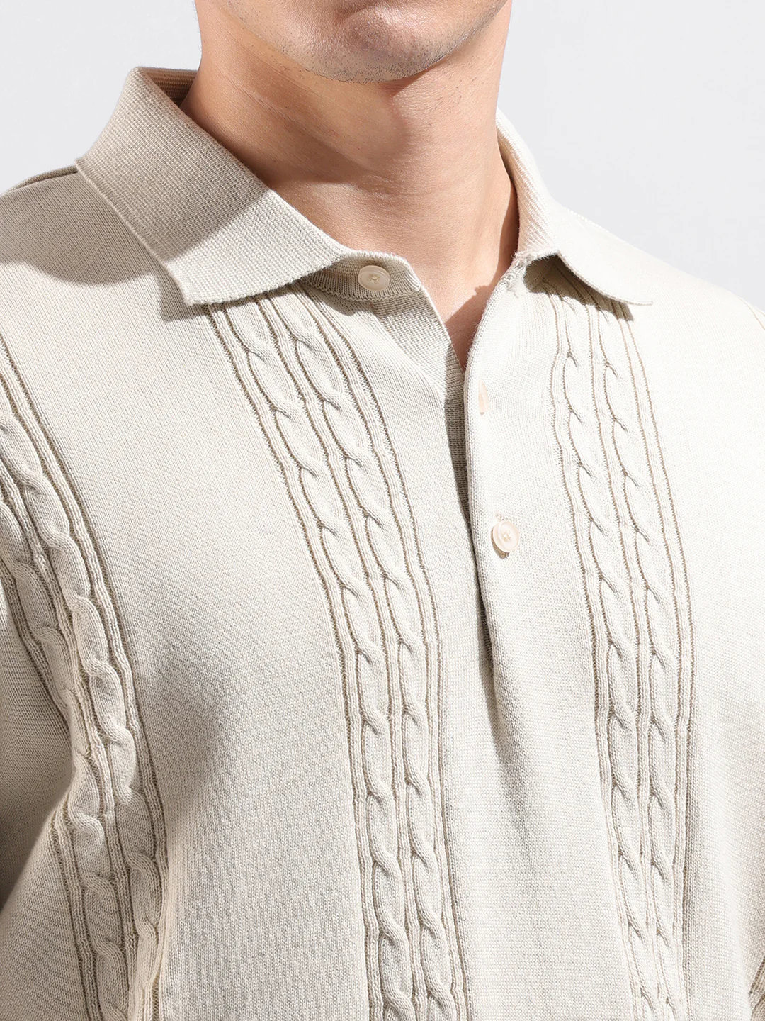 Men's Cream Oversized Fit Solid Flat Knit T-Shirt - Image 7
