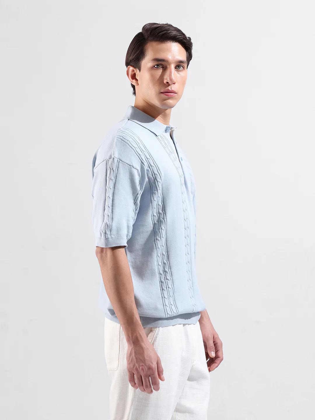 Men's Blue Oversized Fit Solid Flat Knit T-Shirt - Image 2