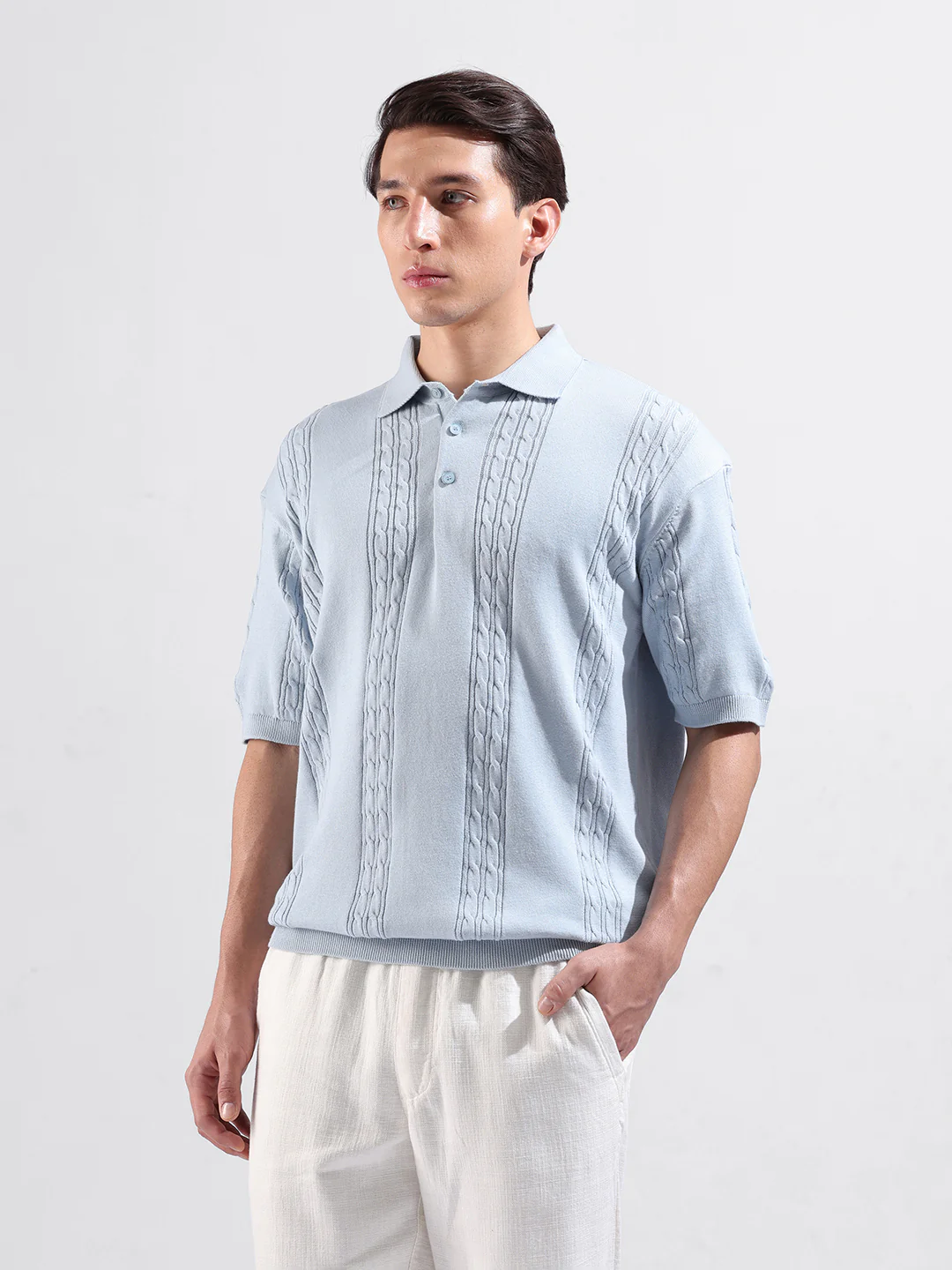 Men's Blue Oversized Fit Solid Flat Knit T-Shirt - Image 3