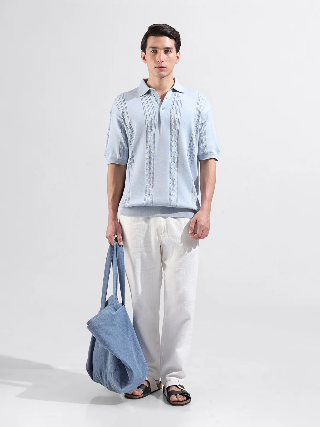 Men's Blue Oversized Fit Solid Flat Knit T-Shirt - Image 4