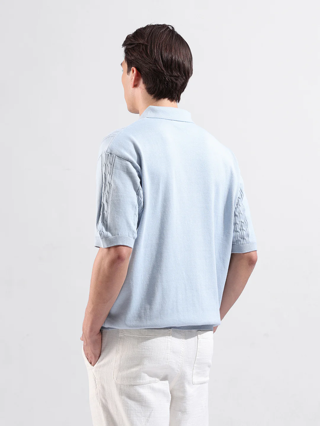 Men's Blue Oversized Fit Solid Flat Knit T-Shirt - Image 5