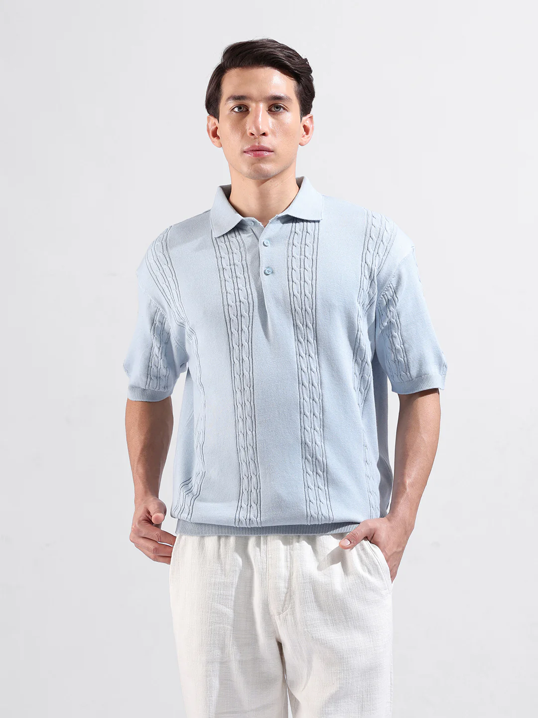 Men's Blue Oversized Fit Solid Flat Knit T-Shirt - Image 7