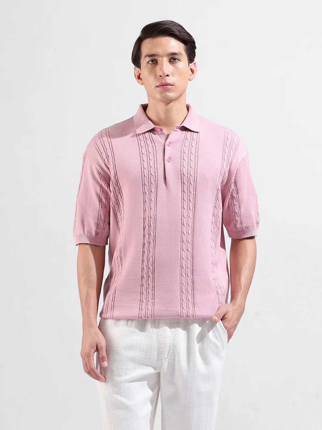 Men's Pink Oversized Fit Solid Flat Knit T-Shirt - Image 2