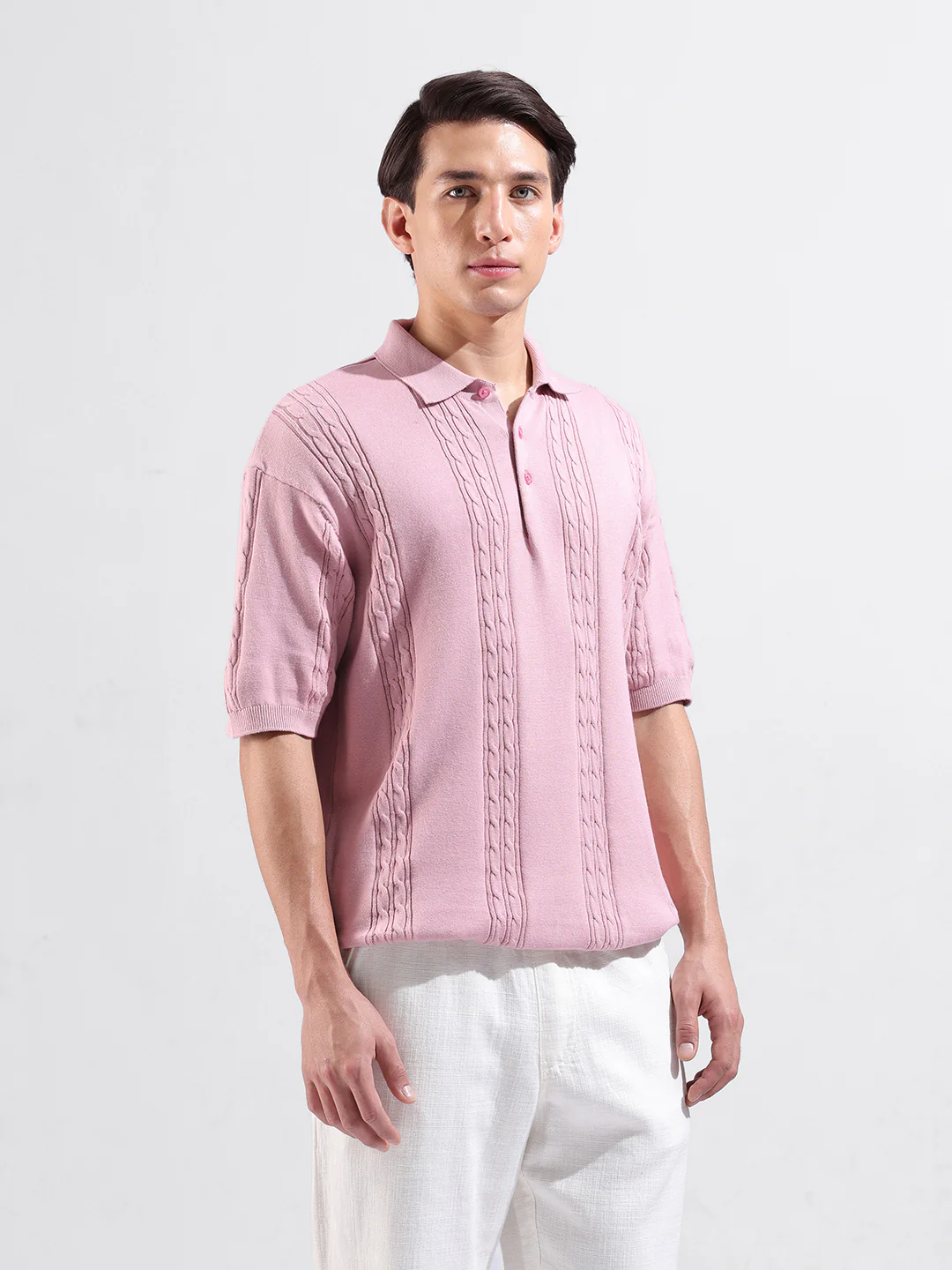 Men's Pink Oversized Fit Solid Flat Knit T-Shirt - Image 3