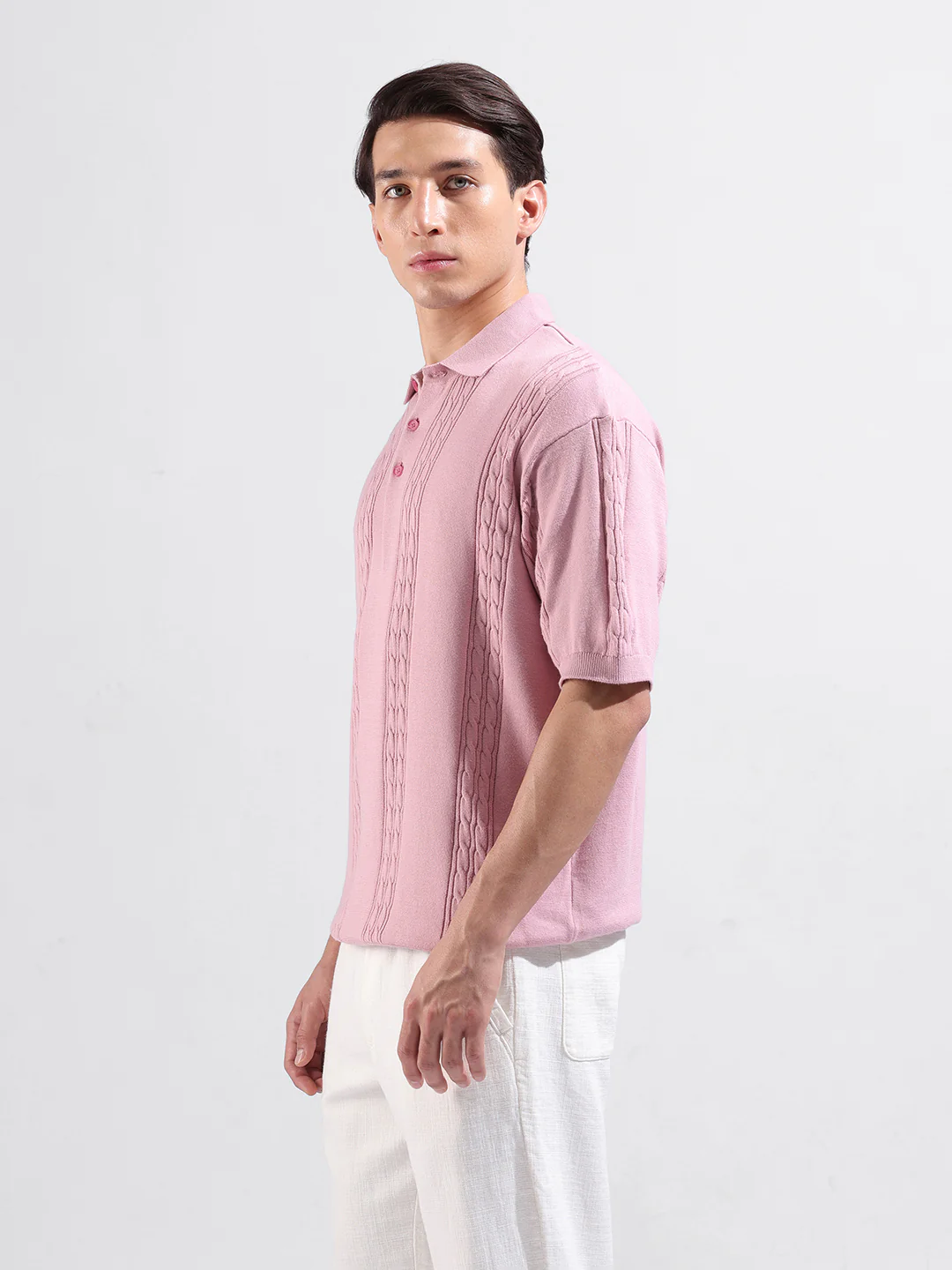 Men's Pink Oversized Fit Solid Flat Knit T-Shirt - Image 4