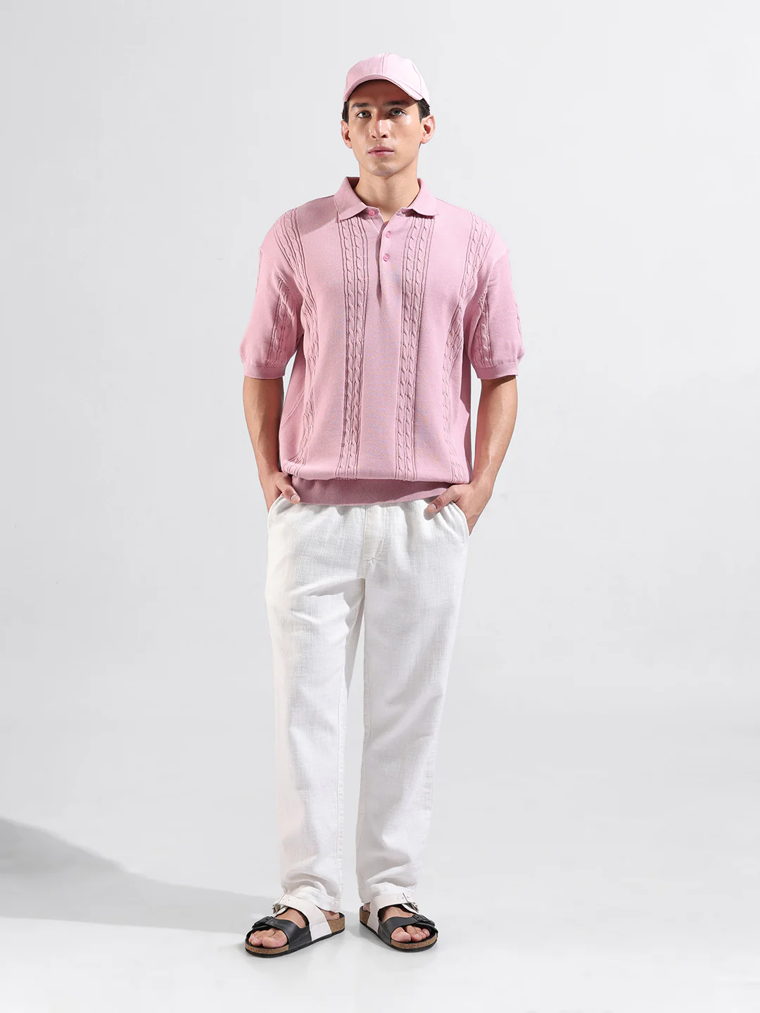 Men's Pink Oversized Fit Solid Flat Knit T-Shirt - Image 5