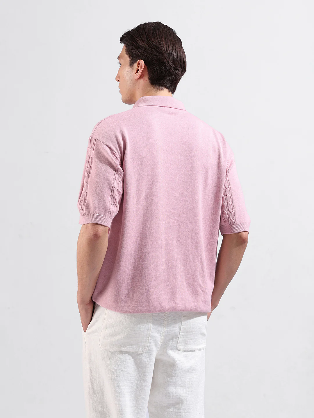 Men's Pink Oversized Fit Solid Flat Knit T-Shirt - Image 6