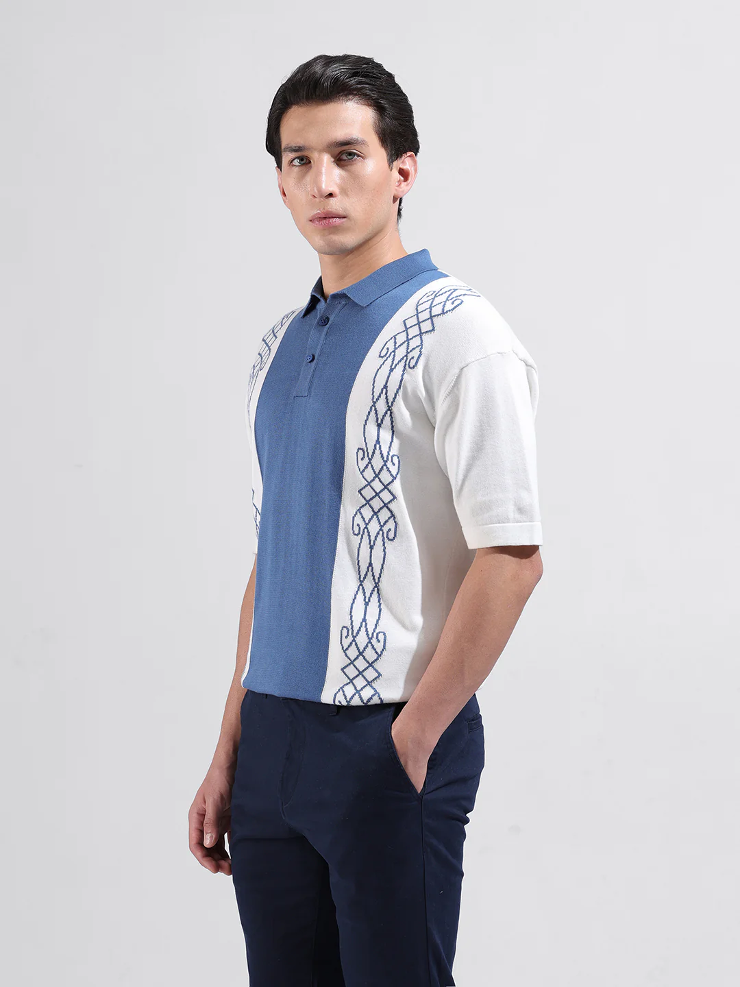 Men's White Oversized Fit Striped Flat Knit T-Shirt - Image 2