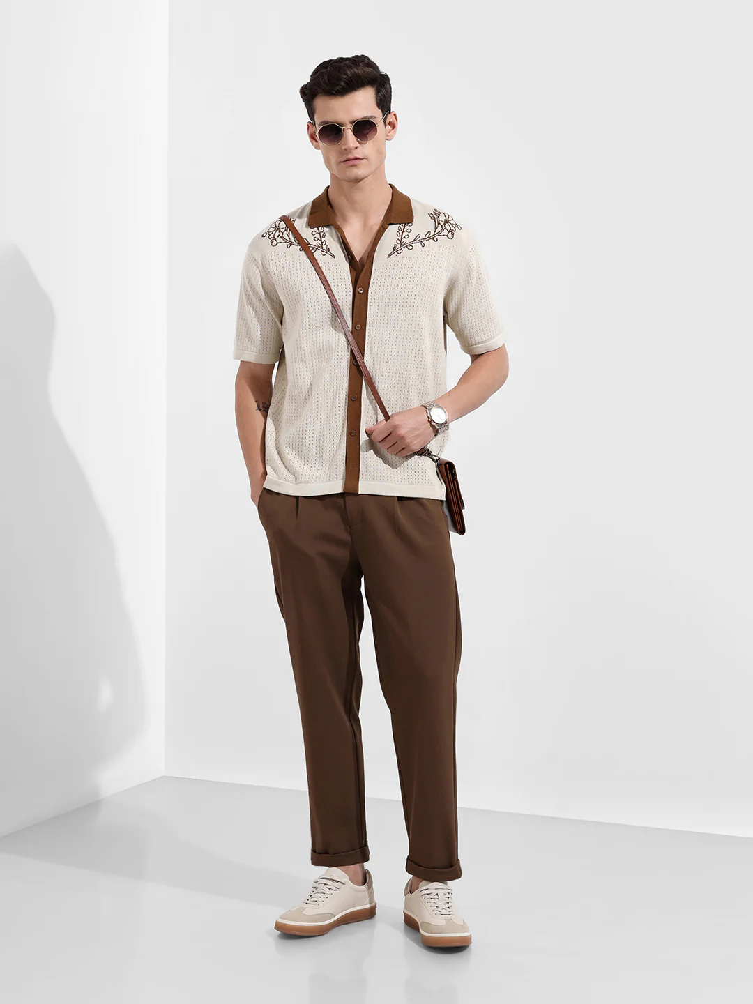 Men's Cream Oversized Fit Embroidered Flat Knit Shirt - Image 3